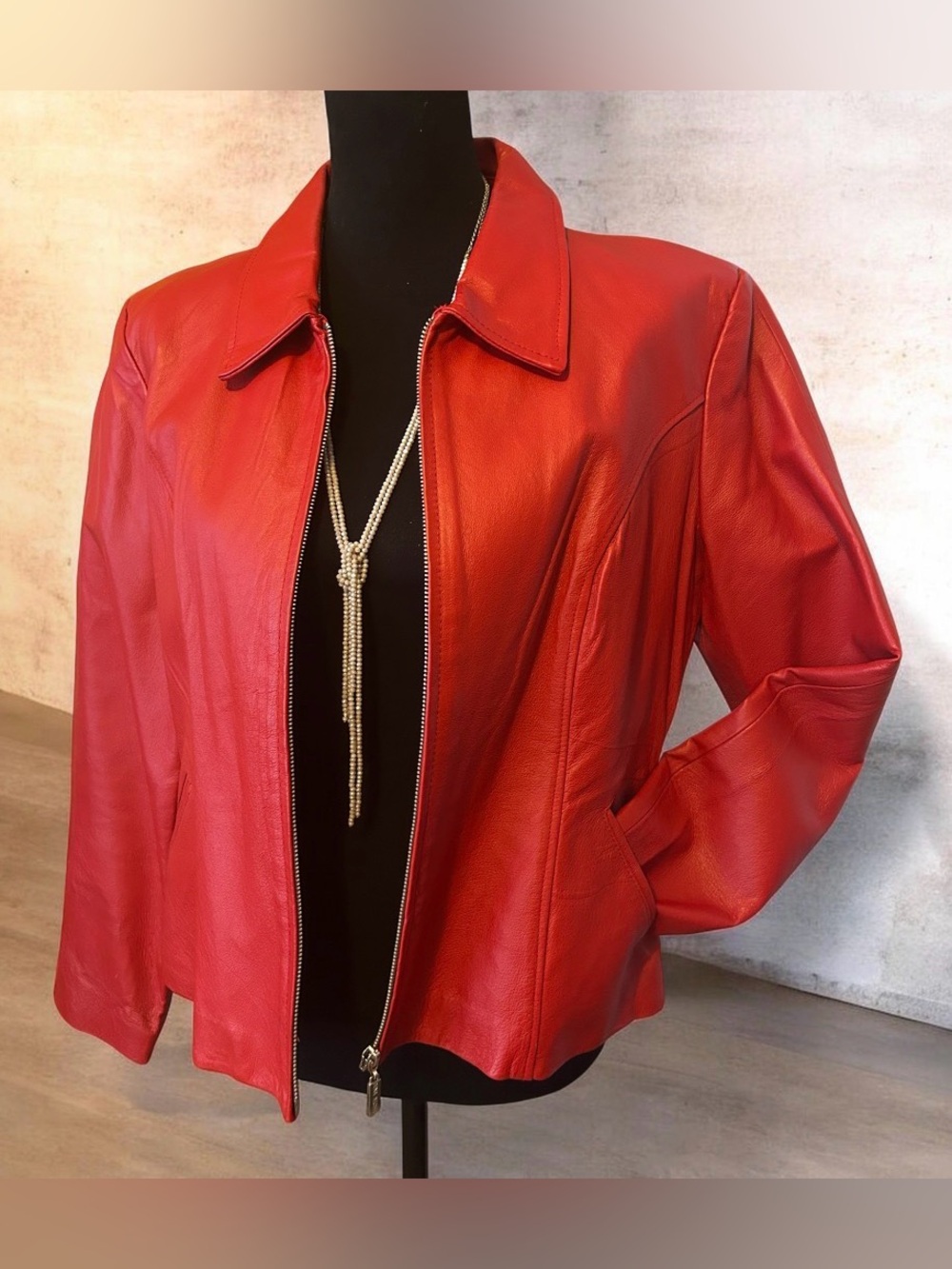 Dona Michi Vintage Red Genuine Leather Zip Up Fitted Jacket